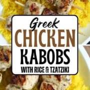 chicken kabobs on top of yellow rice.