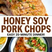 pork chops with grill marks and a thin brown soy sauce glaze, topped with chopped green onions.