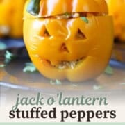 bell pepper carved with a jack o'lantern face.
