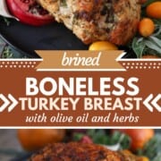 turkey breast with crispy browned skin with chopped herbs on top.