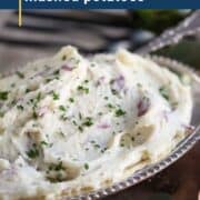 buttermilk mashed potatoes in a metal oval dish.