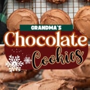 chocolate cookies with chocolate frosting on a wire rack.