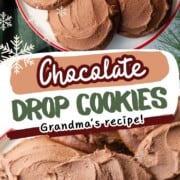 chocolate cookies with chocolate frosting on a white platter.