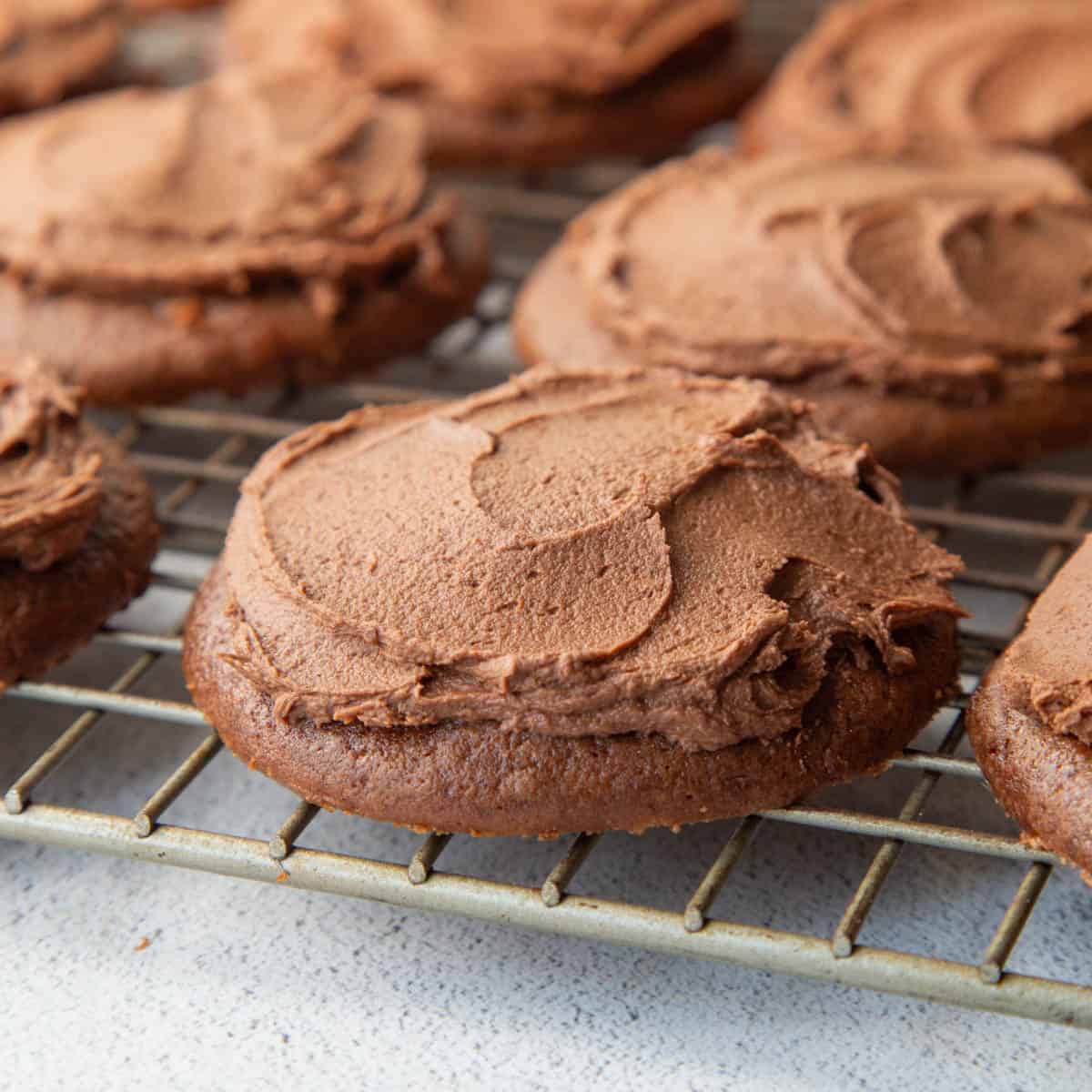 chocolate drop cookies with chocolate frosting on a wire rack.
