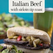 thinly sliced beef on squishy french bread, topped with giardiniera.