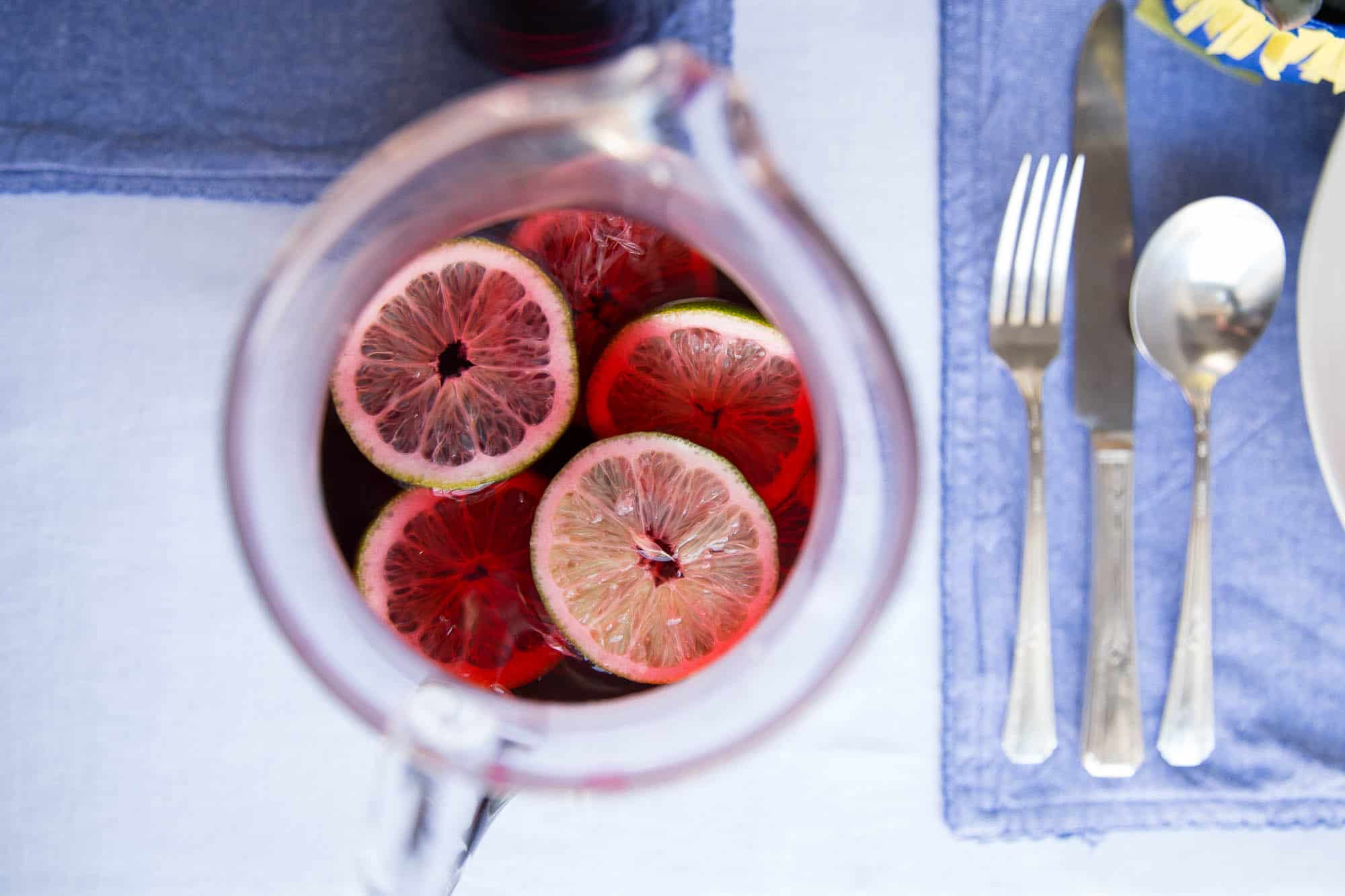 overhead view of a pitcher with agua de jamaica