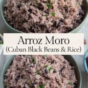 cuban black beans and rice in a green bowl.