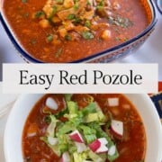 red pozole in a bowl.