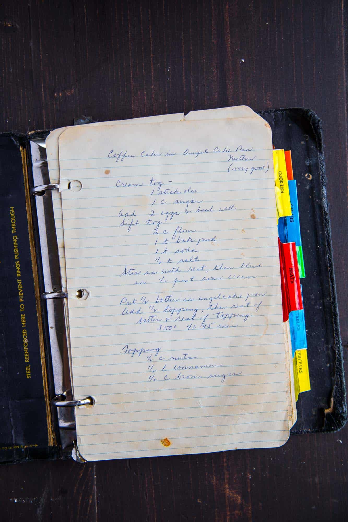 recipe binder with handwritten recipe for sour cream coffee cake