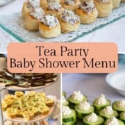 tea sandwiches, puff pastry bites, and cucumber rounds with piped boursin on top.