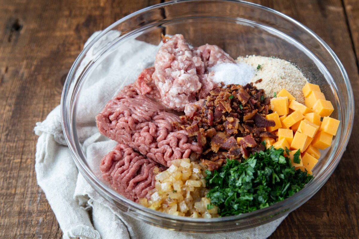 Meatloaf ingredients in a glass bowl