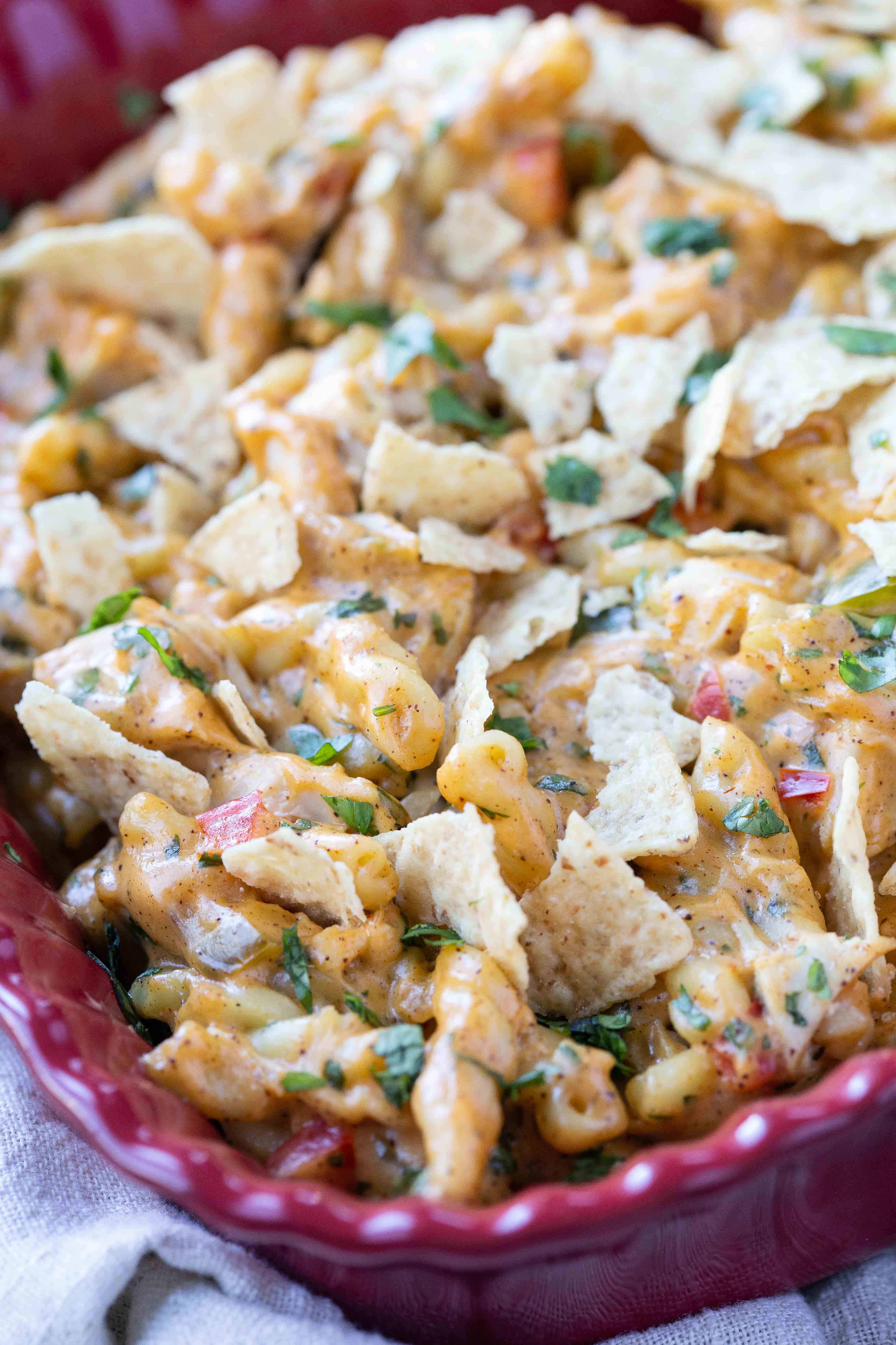 close up of King Ranch Mac and Cheese in a red casserole dish