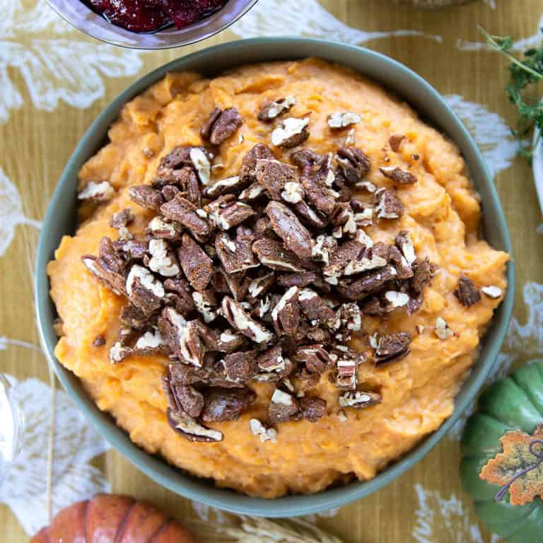 Mashed Sweet Potatoes with Spiced Pecans