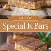 peanut butter cereal bars topped with chocolate on a tray.