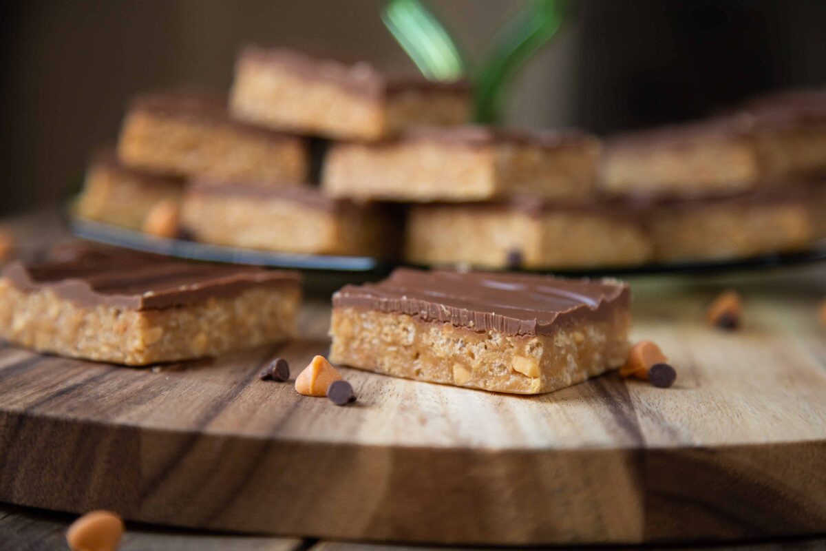 Special K Bars on a wooden platter.