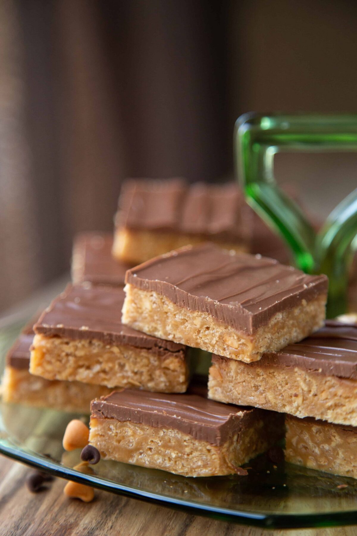 Special K Bars on a green glass cookie pedestal