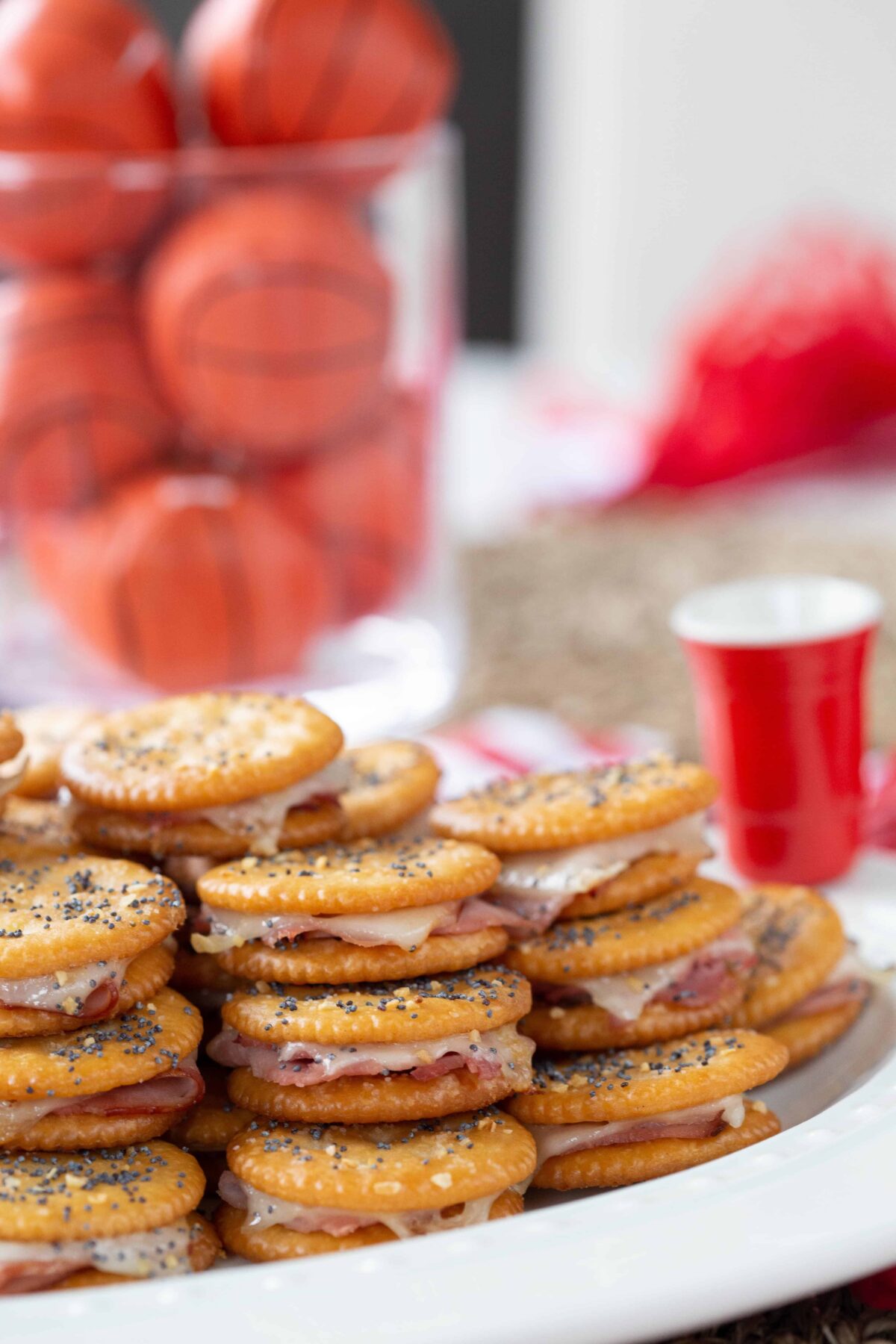 Ritz Crackers Party Sandwiches on a white platter.