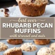 muffins with bits of rhubarb and pecans inside and on top.