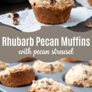 muffins with bits of rhubarb and pecans inside and on top.