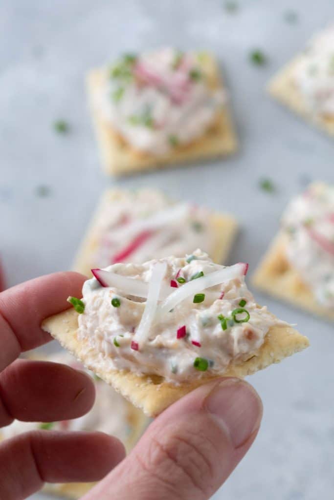 hand holding a saltine cracker topped with crab dip and radishes
