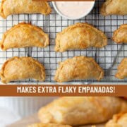 empanadas on a wire rack and also cut open with a orange chicken filling.