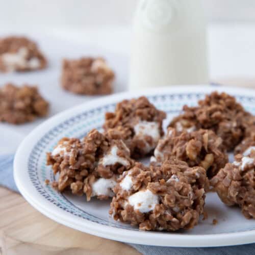 no bake chocolate cookies on a plate.
