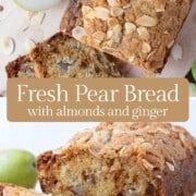 slices cut out of a loaf of pear bread, topped with thin slices of almonds.