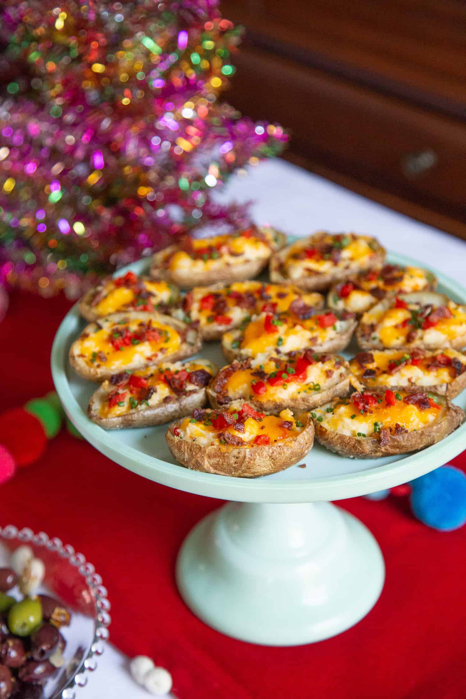 Holiday Potato Skins on pedestal serving platter