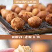 round beignets on a wire rack and being dipped in peanut butter.