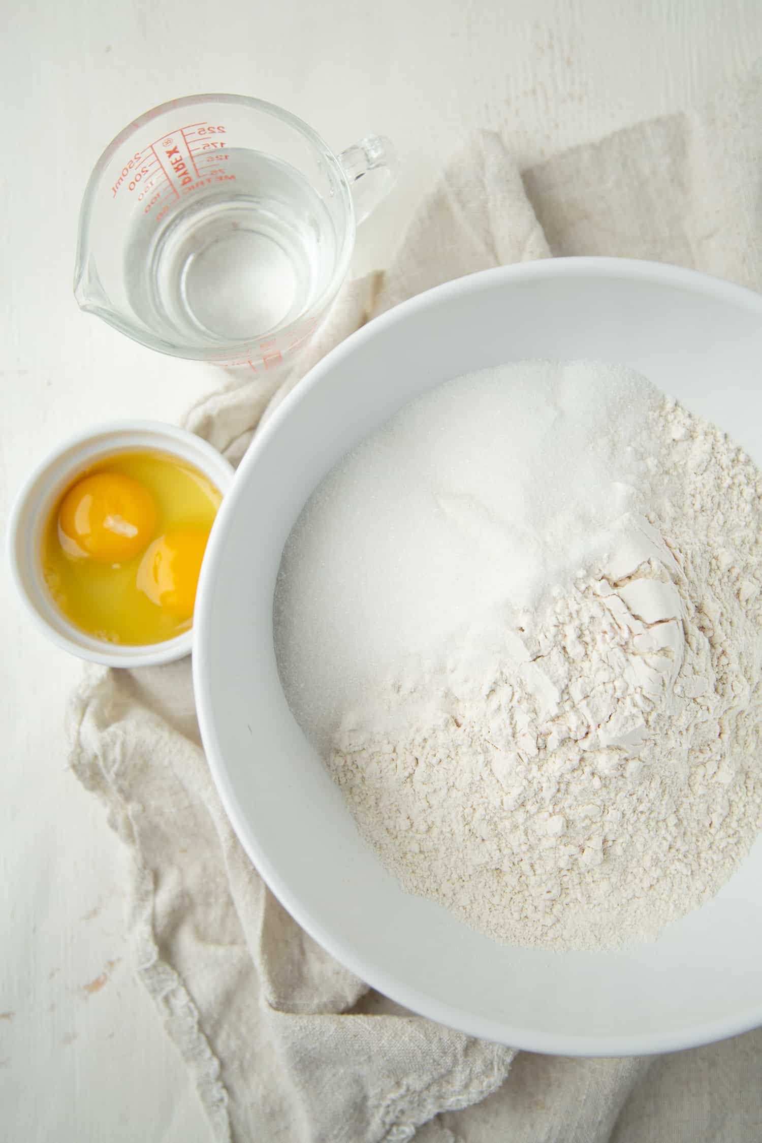 flour, sugar, eggs, and other ingredients.