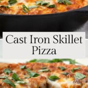 pizza in a cast iron skillet and on a wooden board.