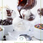 hand pouring hot fudge on top of a glass dish of ice cream