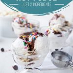 ice cream sundae with hot fudge and sprinkles in a small glass dish