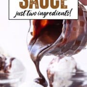 hot fudge sauce being poured over a cup of vanilla ice cream.