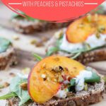 a peach slice, burrata, and arugula on a whole wheat toast