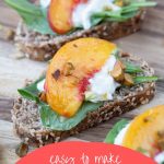 slice of peach, burrata, and arugula on a whole wheat toast