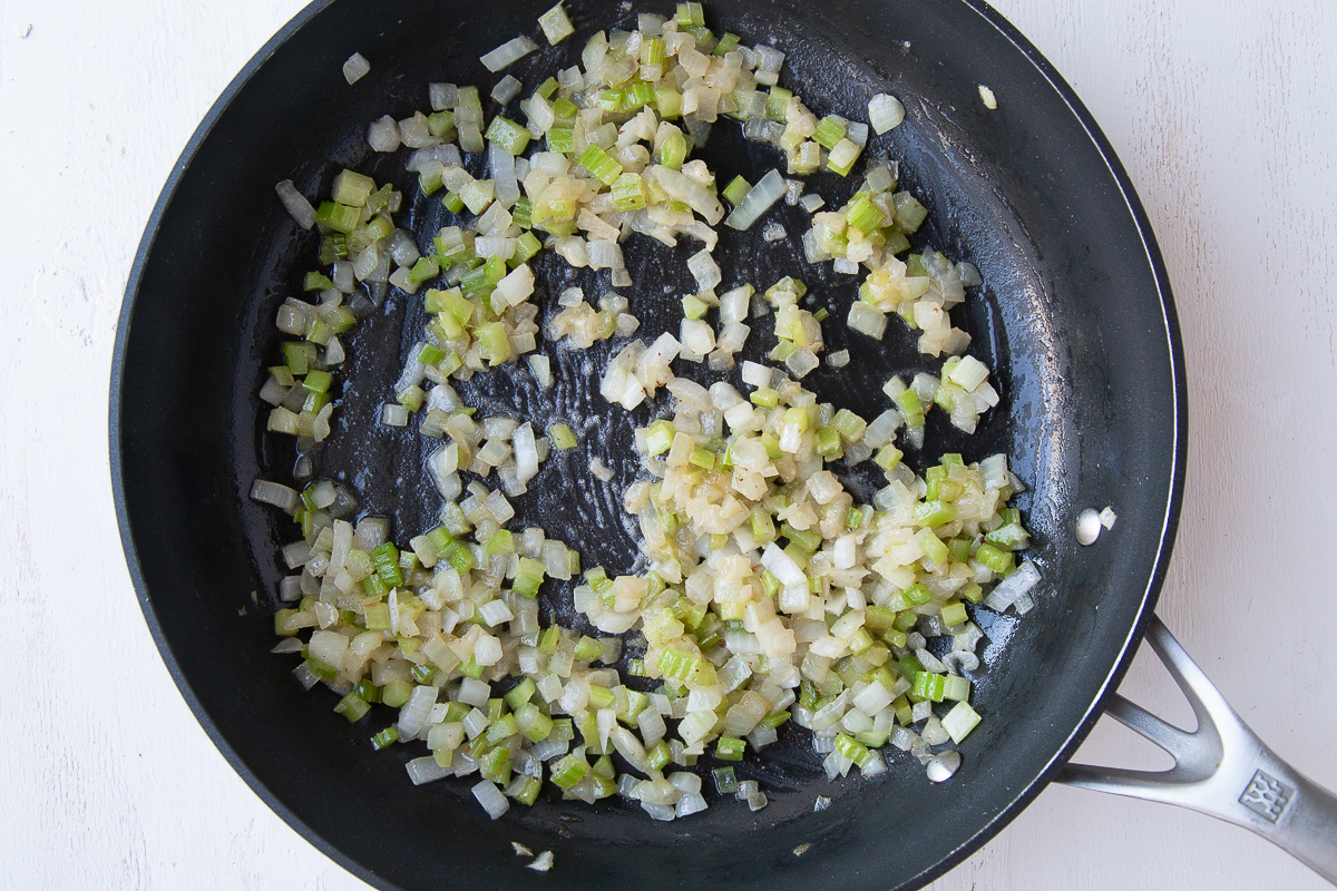 celery and onion with flour in a nonstick skillet