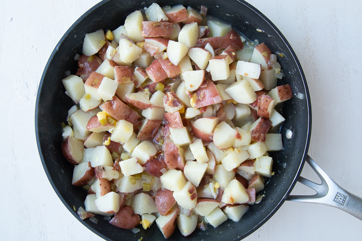 german potato salad in a nonstick skillet