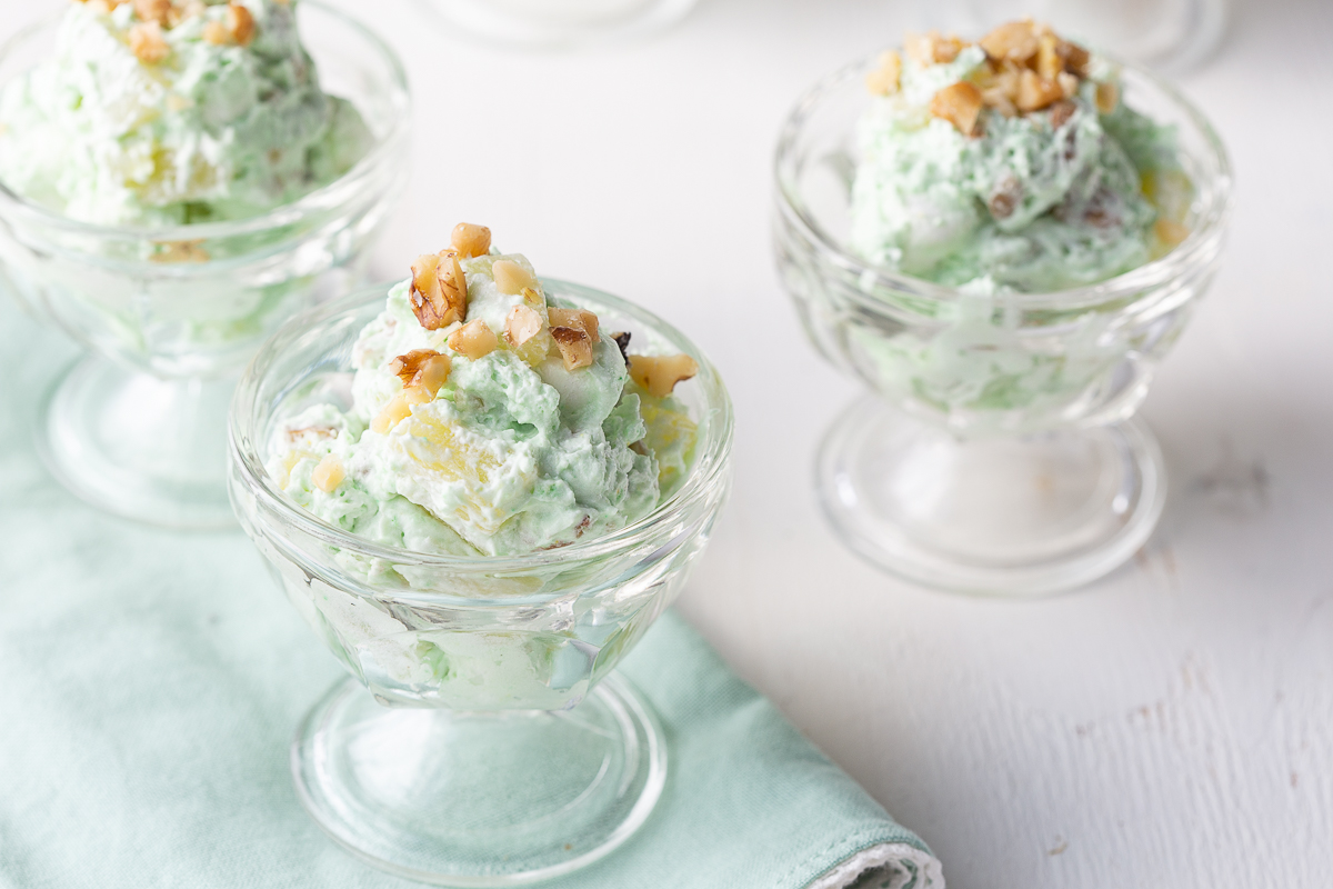 pistachio salad in individual parfait dishes