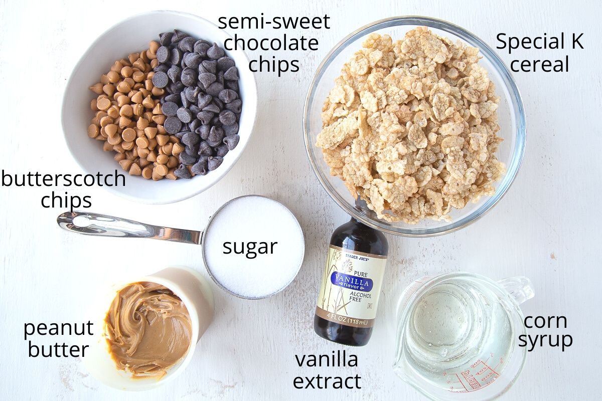 ingredients for Special K bars on a white table