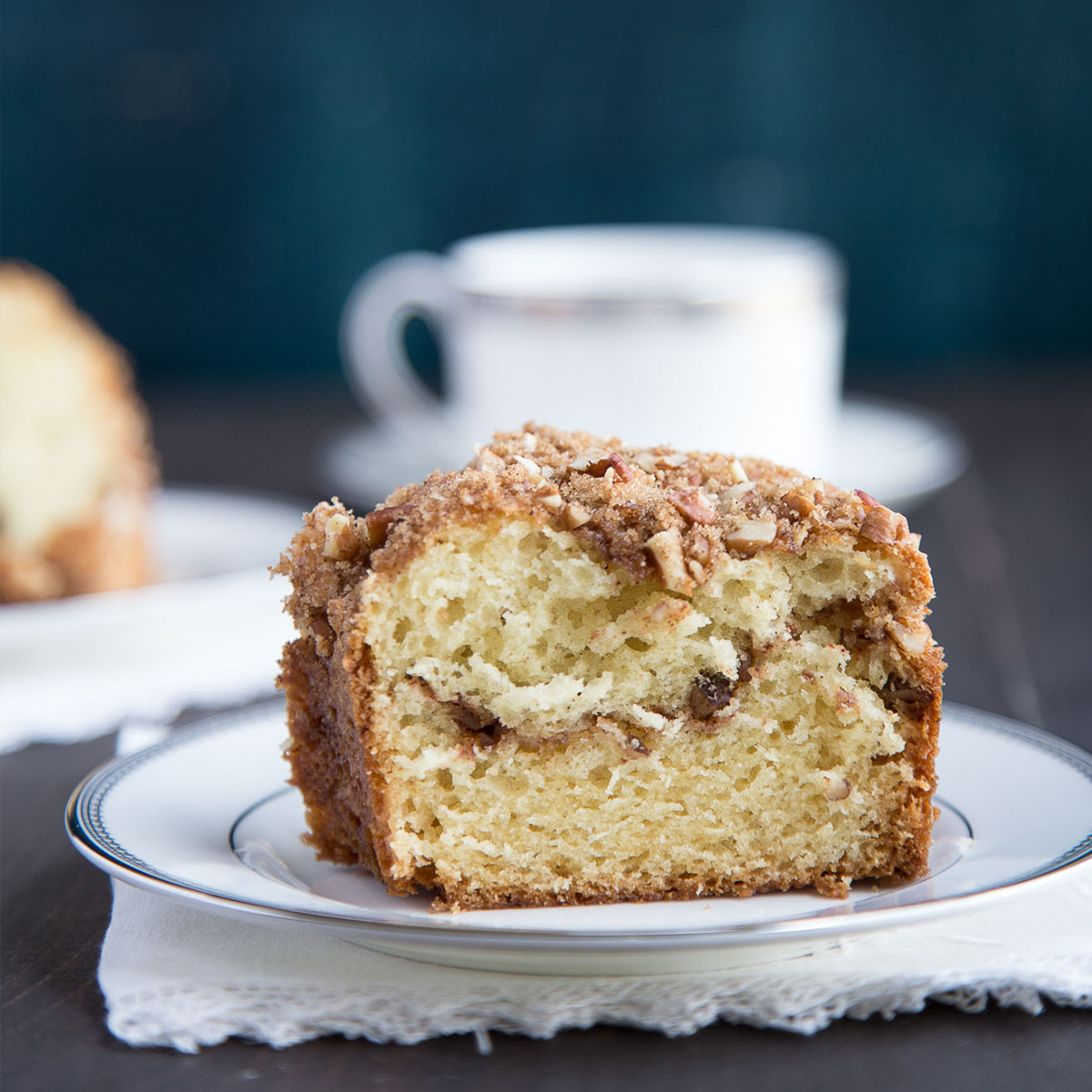 slice of coffee cake on a white plate