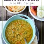 lemon lentil soup in a turquoise bowl