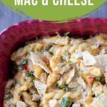 king ranch chicken mac and cheese in a red casserole dish