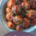 bbq meatballs in a patterned blue dish