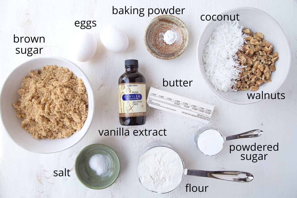 ingredients for chewy coconut bars on a white background