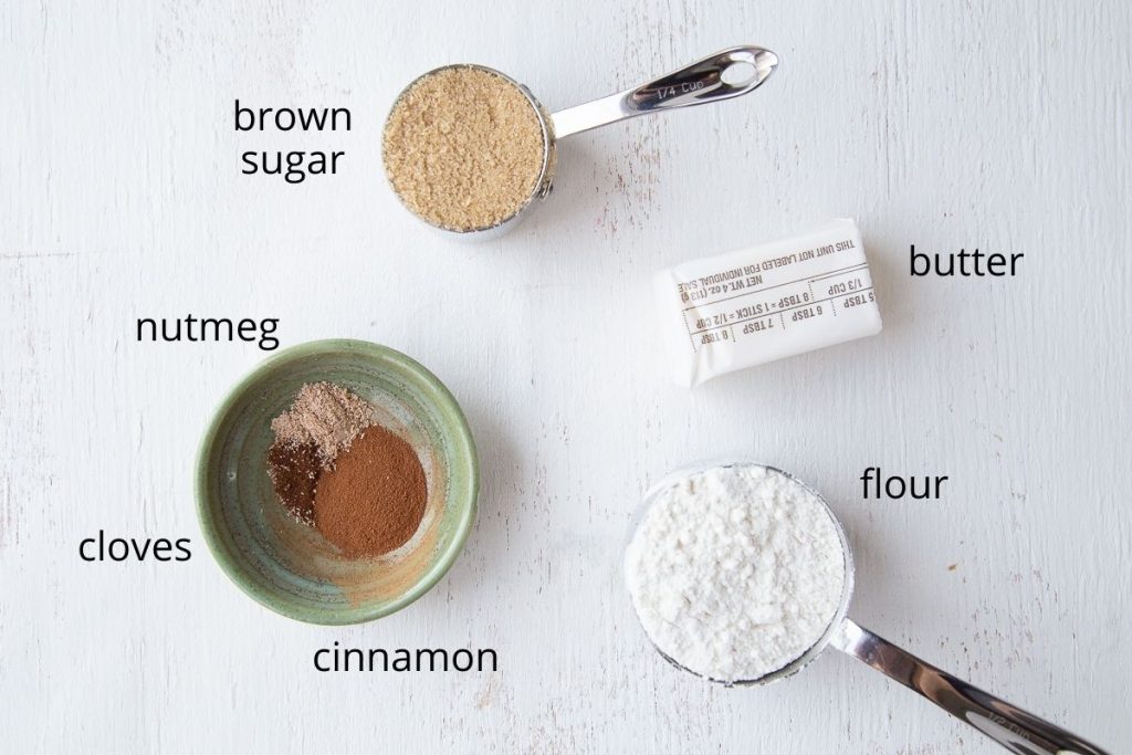 ingredients for cinnamon streusel on a white table