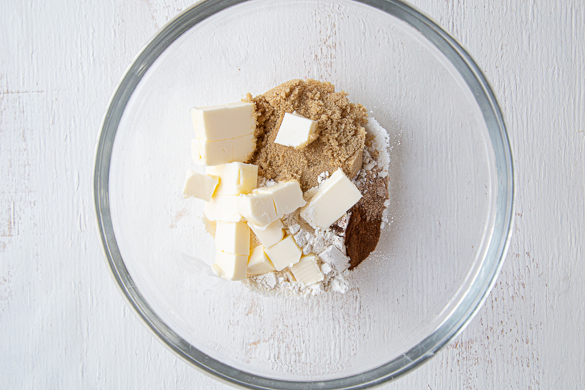 ingredients for streusel in a glass bowl