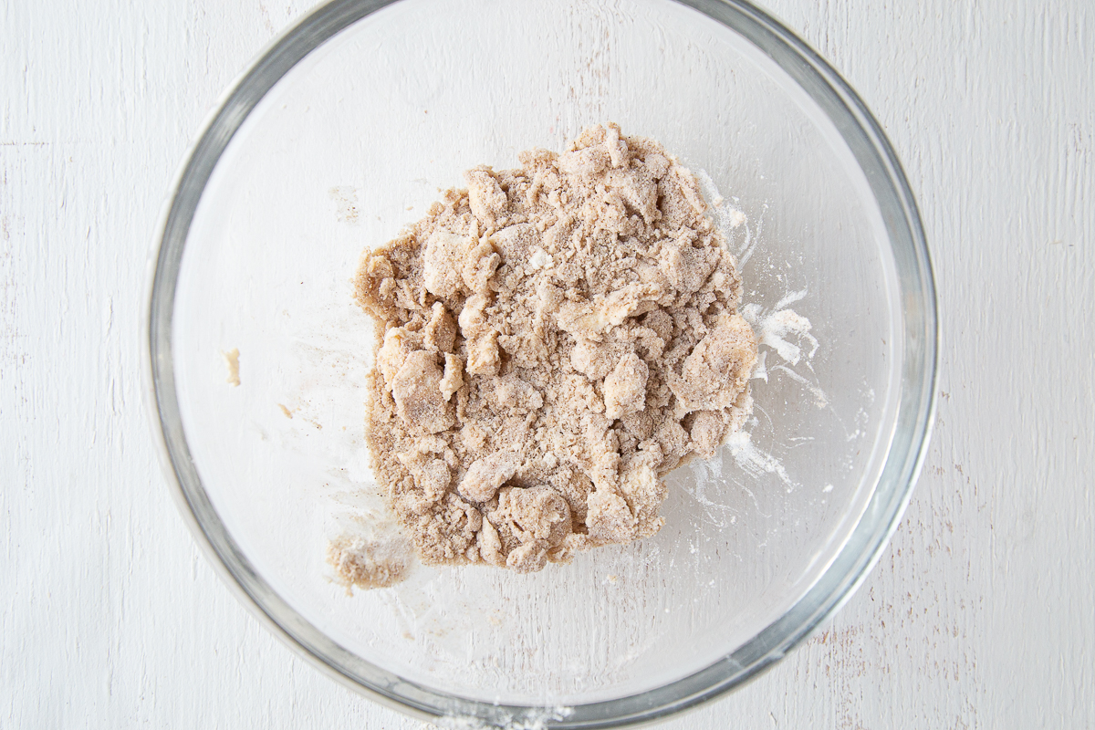 streusel crumbles in a glass bowl