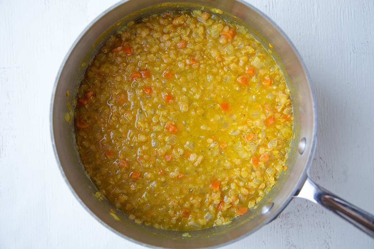 cooked lentil soup in a pot
