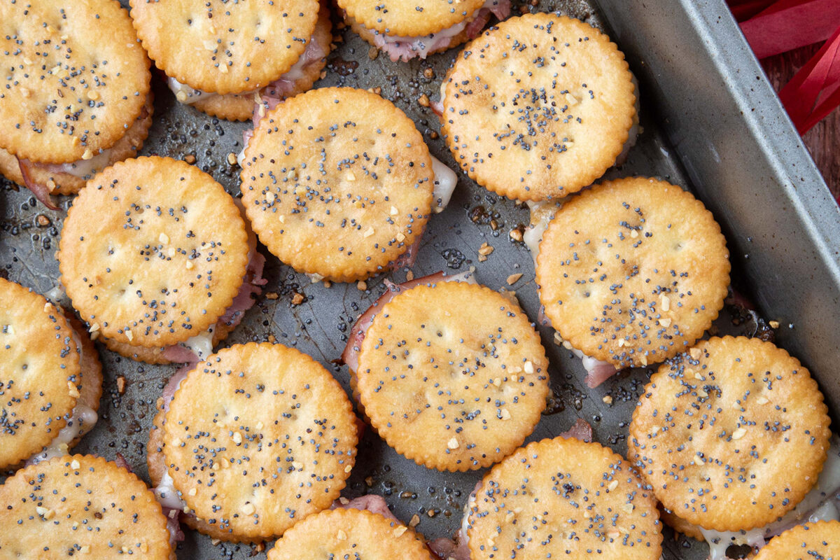 cooked ritz cracker sandwiches in a 13x9 inch pan